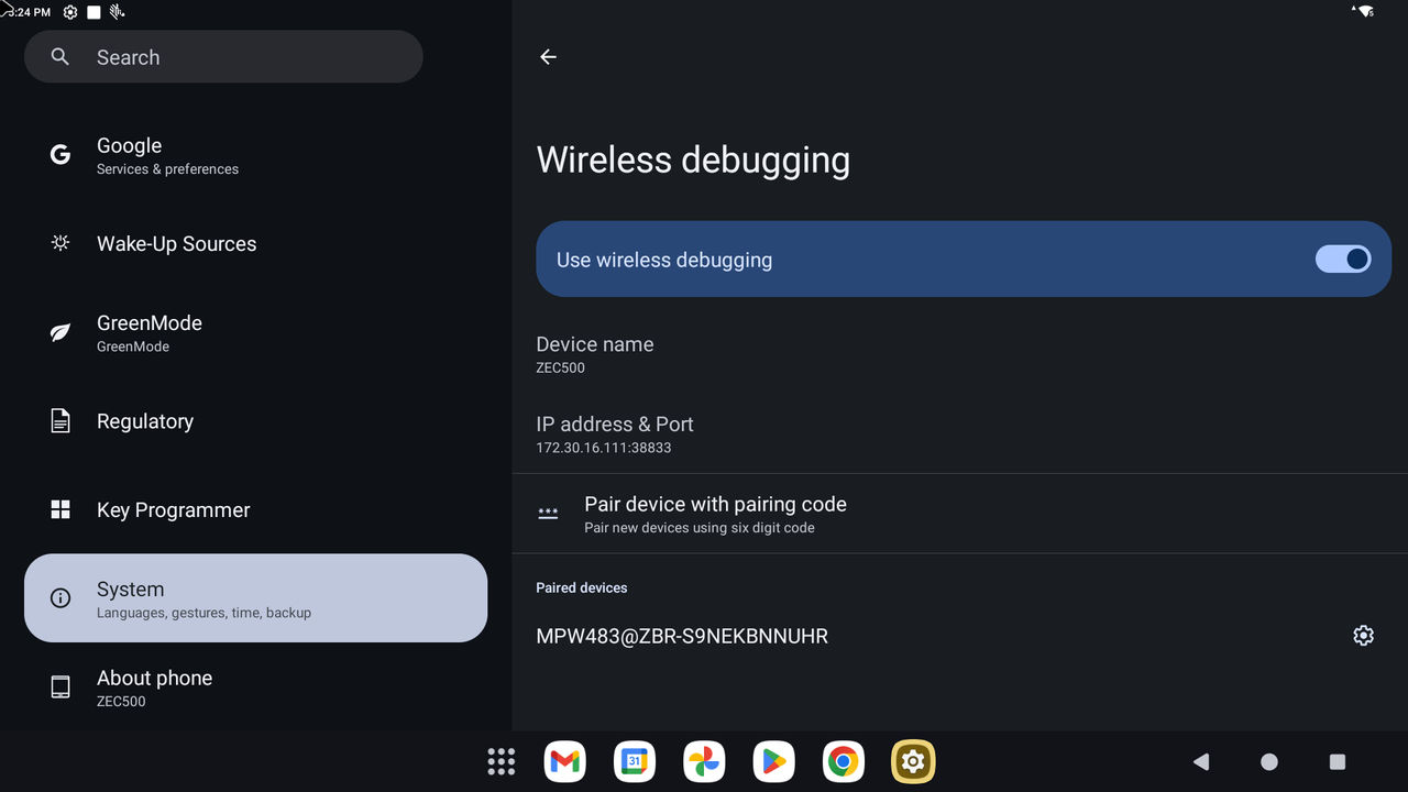 wireless debugging screen.