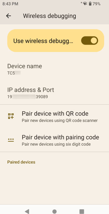 Image of Wireless debugging screen.