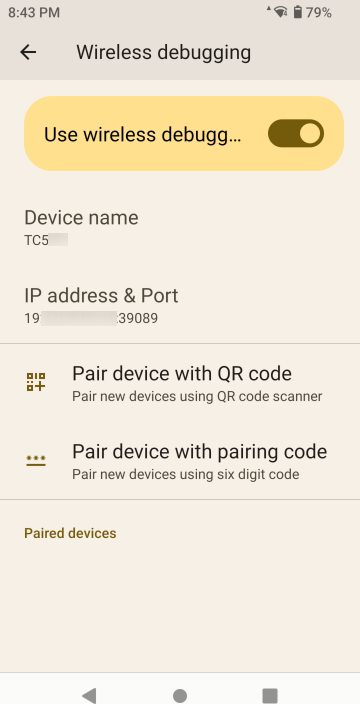Image of Wireless debugging screen.