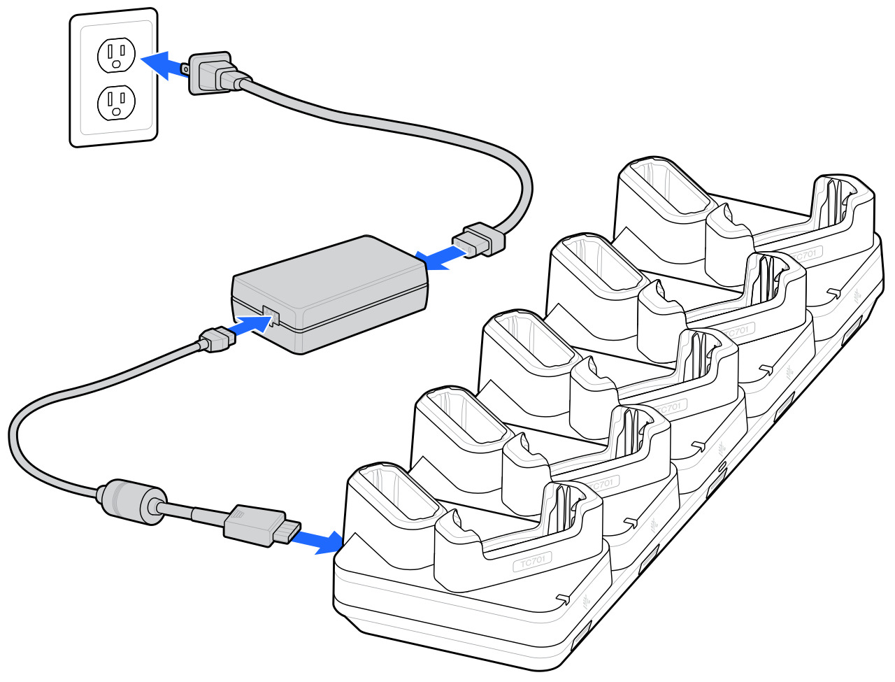 An illustration of the 5-Slot Device and Spare Battery Charging Cradle being set up.