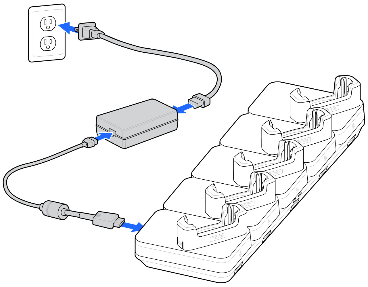 An illustration of the 5-Slot Ethernet Charging Cradle being set up.