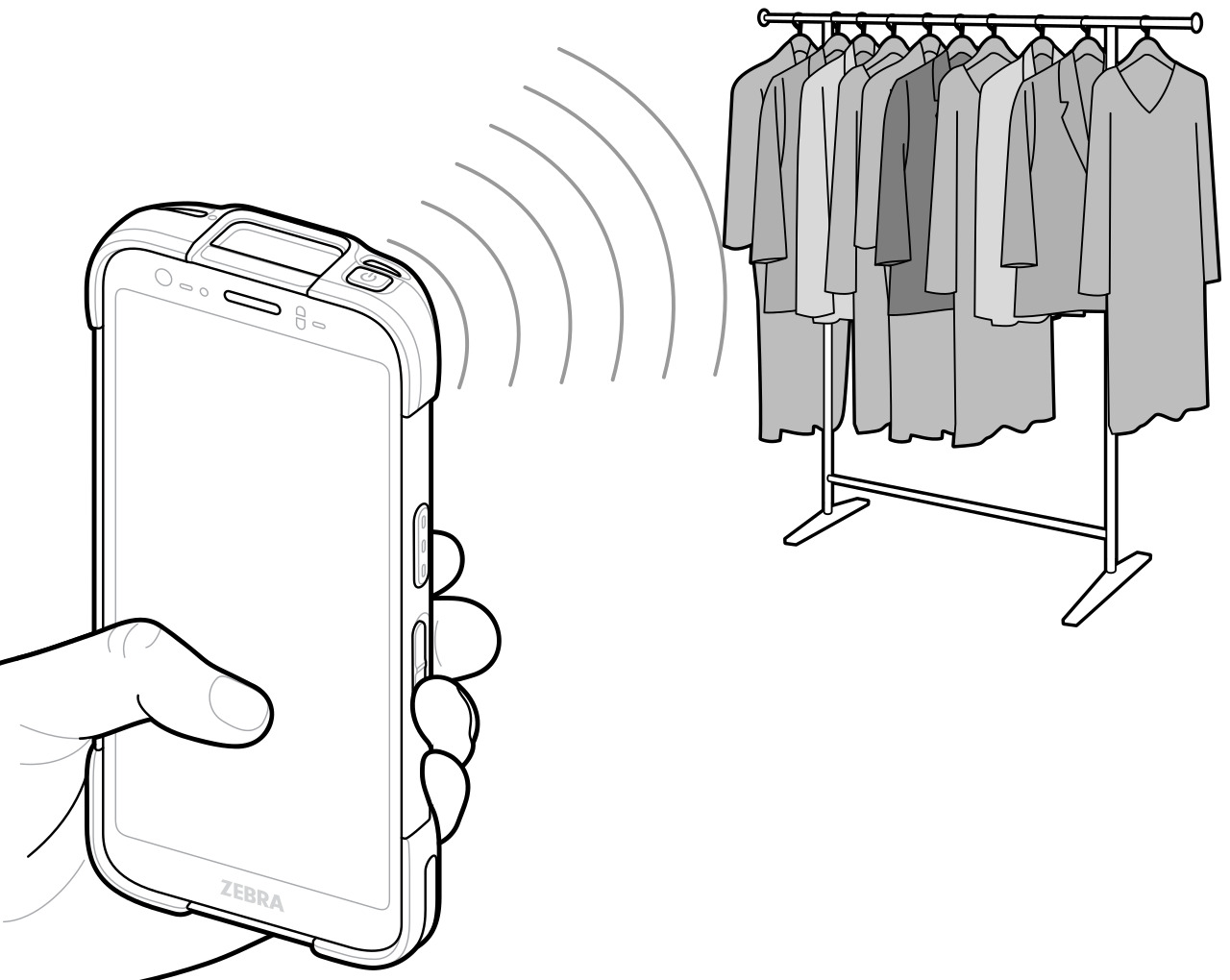 Integrated RFID scanning tags on a clothing rack.