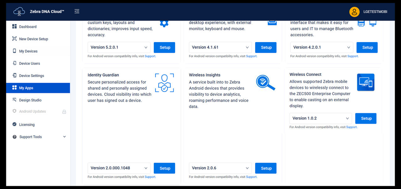 zebra dna cloud installed applications tab