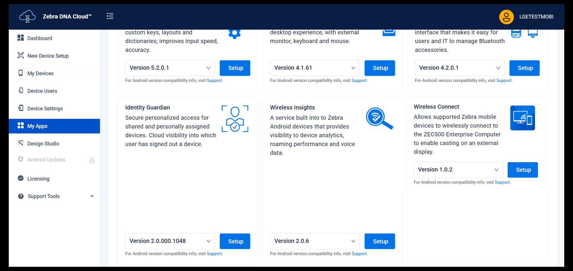 zebra dna cloud installed applications tab