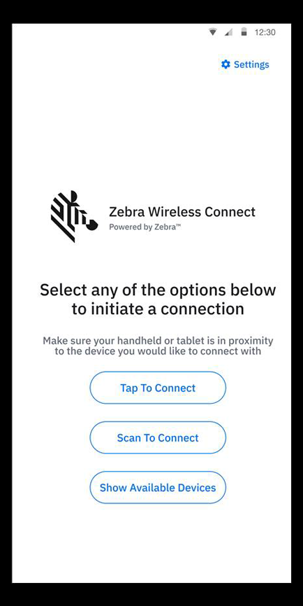 An image of the Zebra Wireless Connect home screen.