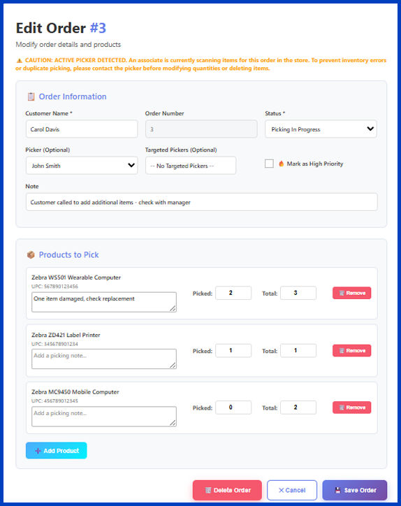 A screenshot of the Edit Order screen.