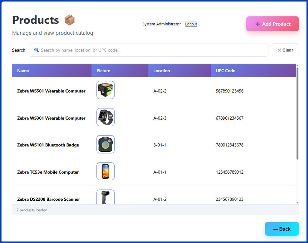 A screenshot of the Products screen.
