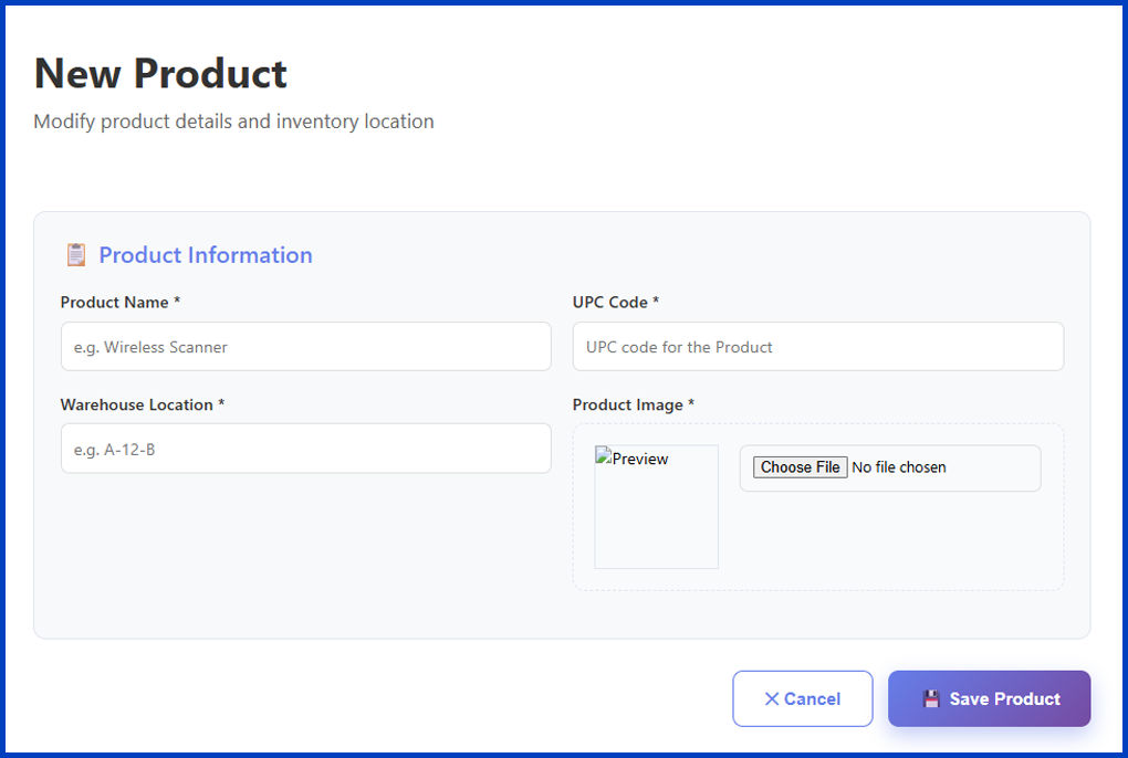 A screenshot of the New Product screen.