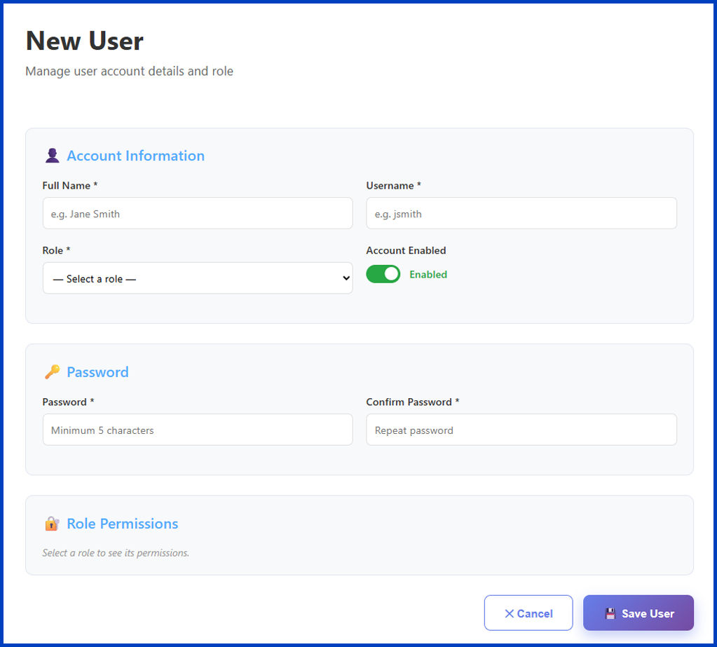 A screenshot of the Add User screen.