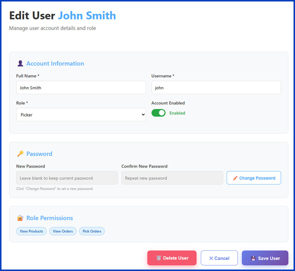 A screenshot of the Edit Users screen.