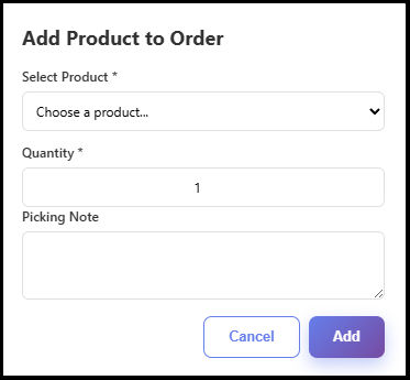 The Add Product to Order dropdown screen.