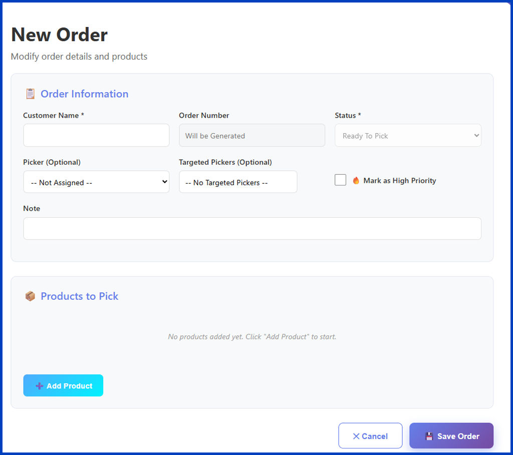 A screenshot of the New Order screen.
