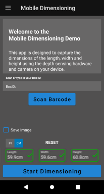 Mobile Dimensioning Client Confirmation Screen
