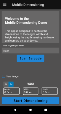 Mobile Dimensioning Client Welcome Screen