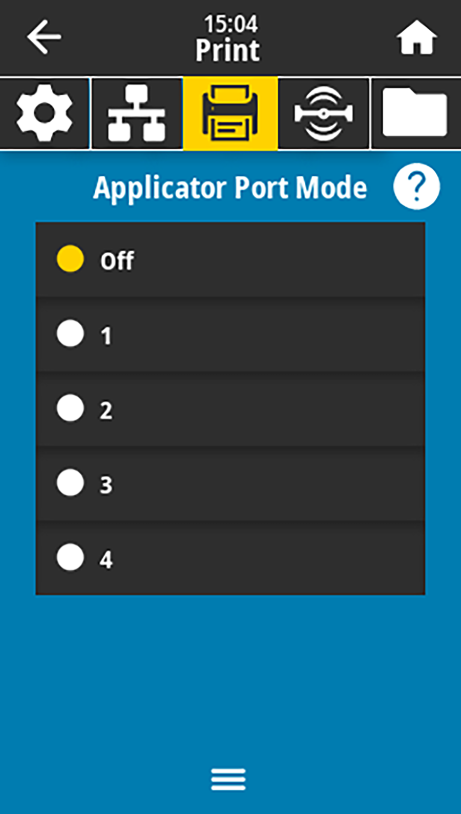 Applicator port mode parameter in the Print menu