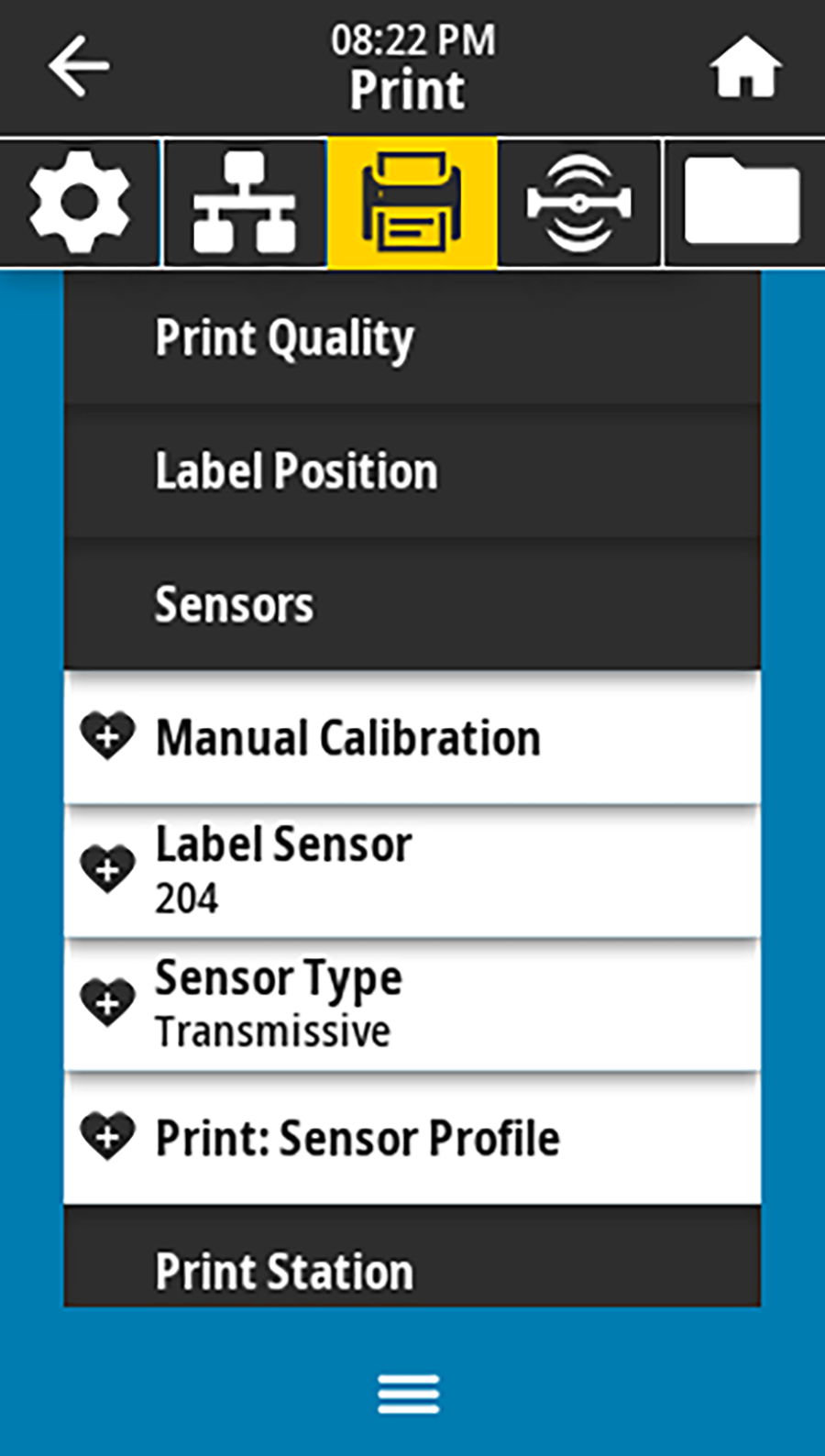 Print sensor profile selection in the Print menu