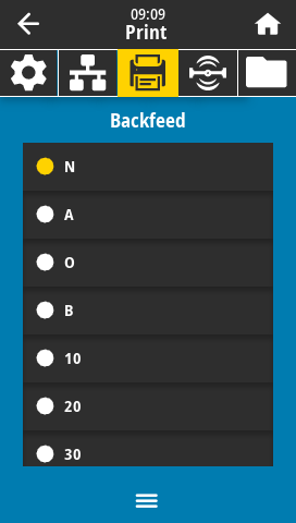 Backfeed parameter in the Print menu