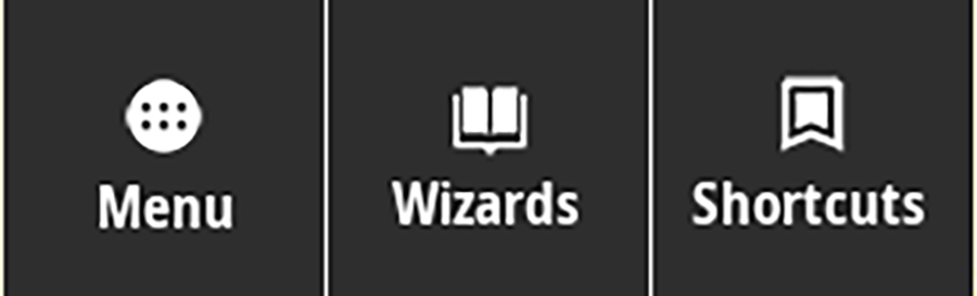 Menu, Wizards, and Shortcuts buttons on the Home screen.