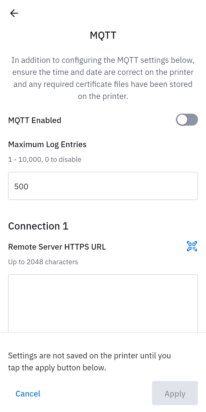 MQTT settings screen