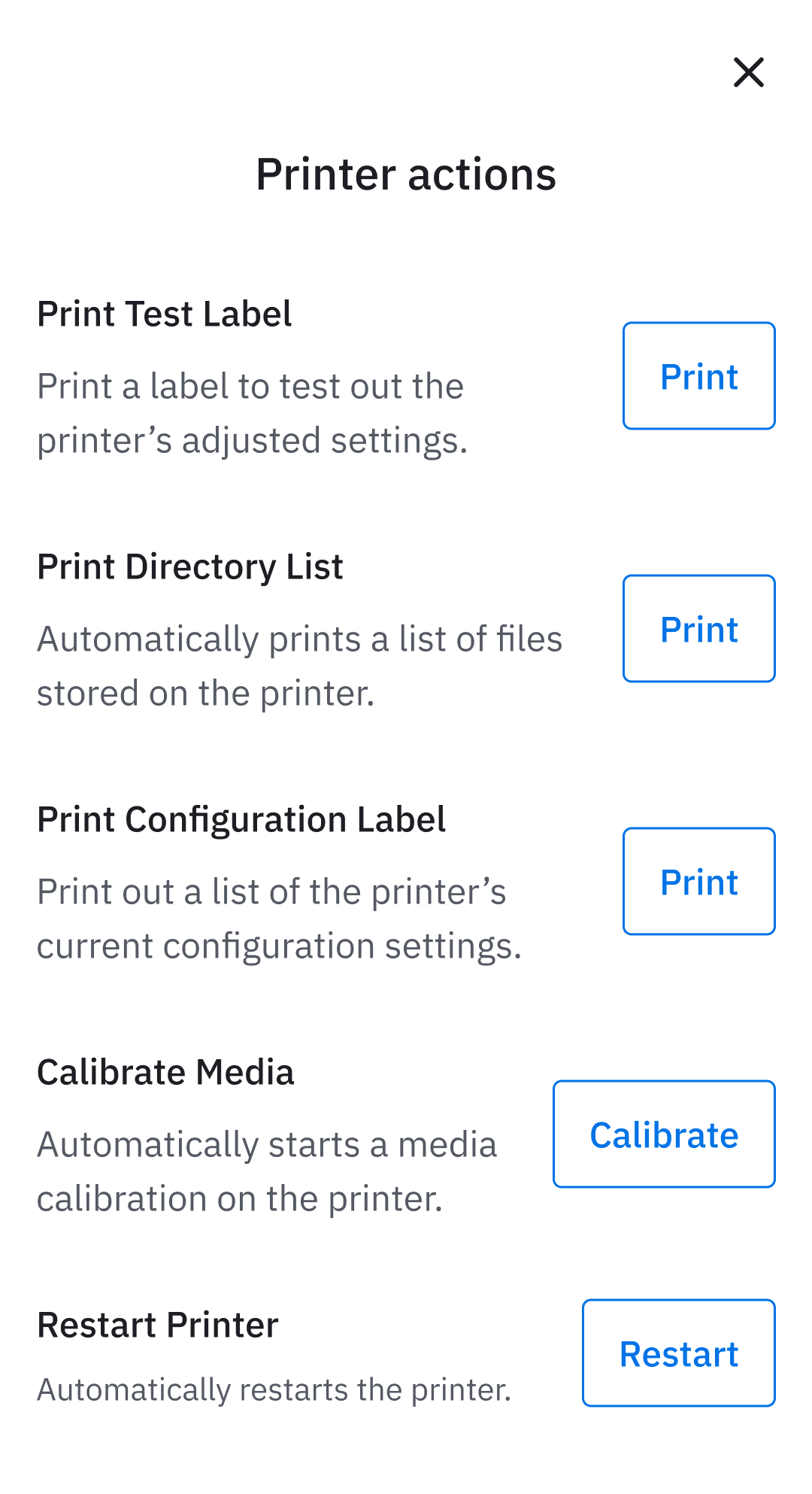 Printer actions menu
