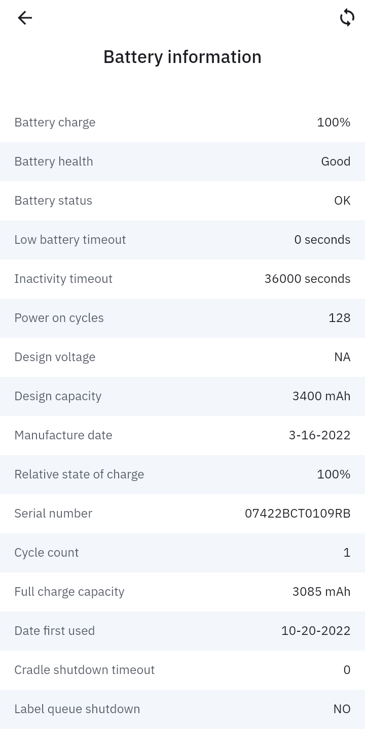 Battery Information screen