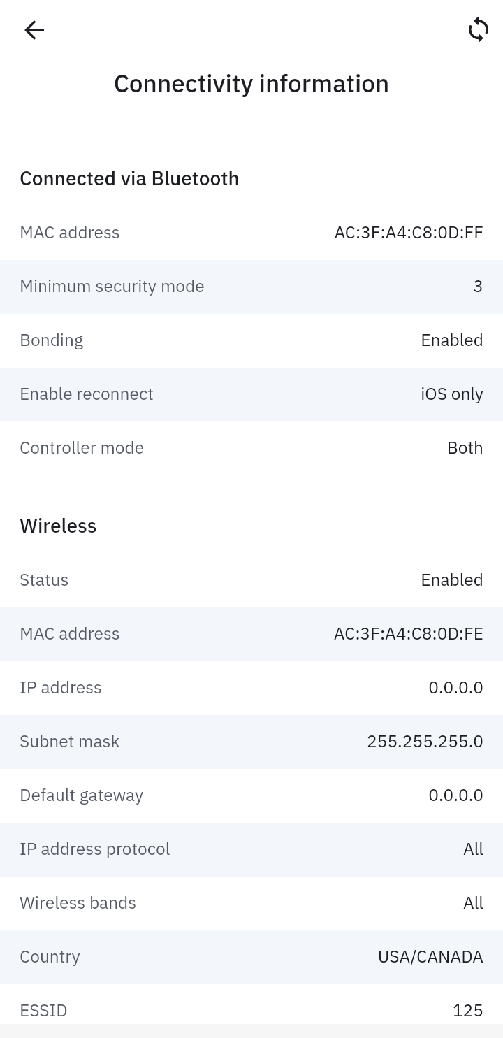 Connectivity Information screen