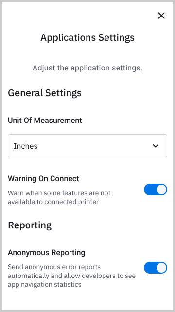 Application Settings screen