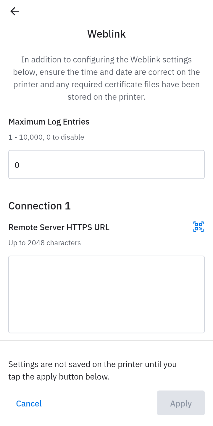 Weblink settings screen