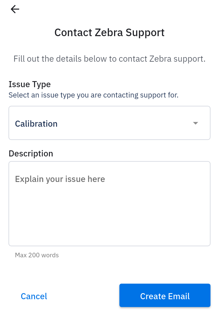 Contact Zebra Support screen
