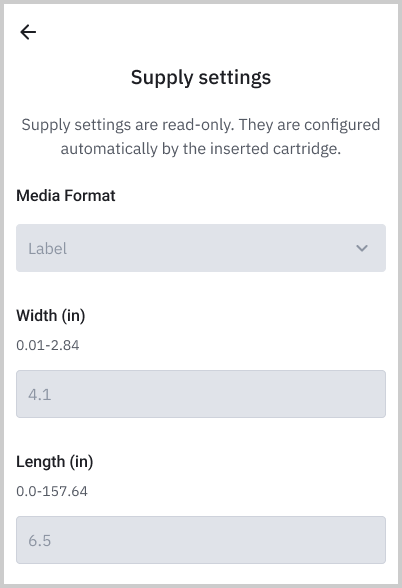 Supply setting menu - cartridge based screen 1