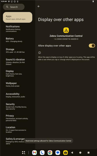 Enable Display over other apps after removing the restriction.