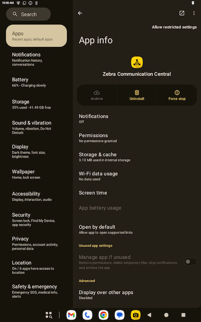 Navigate to the App info to enable restricted settings.