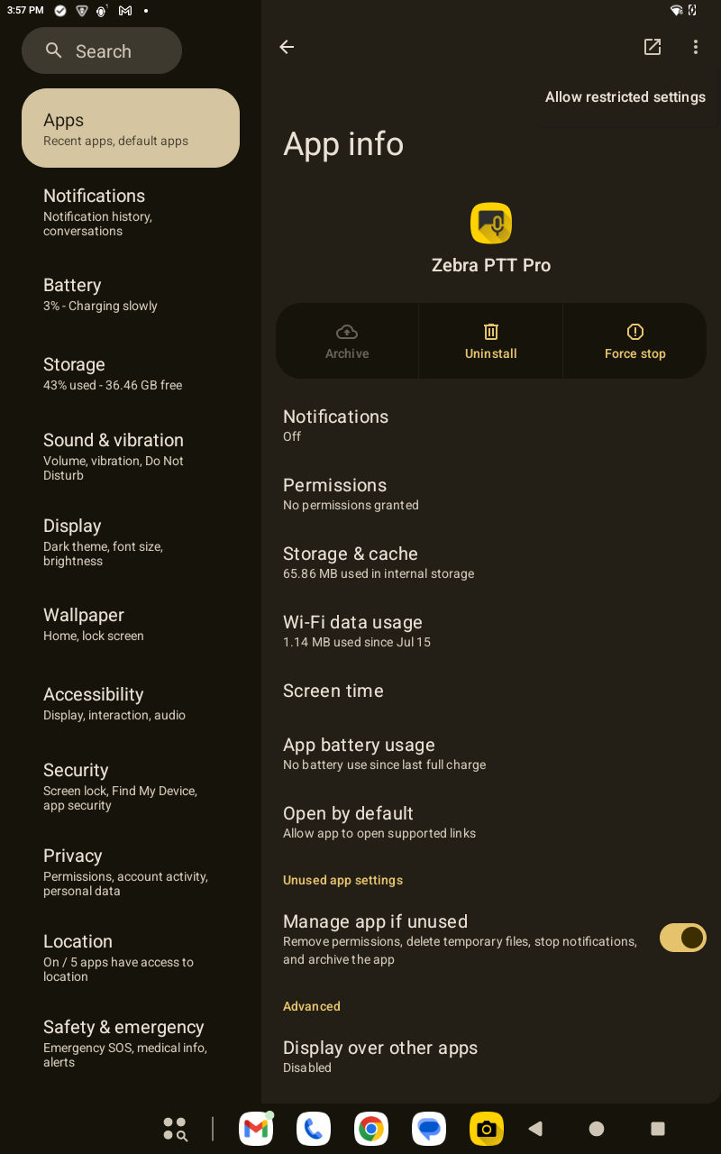 Navigate to the App info to enable restricted settings.