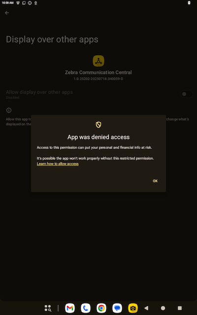 Display over other apps results in an error for sideloaded app in Android 15.