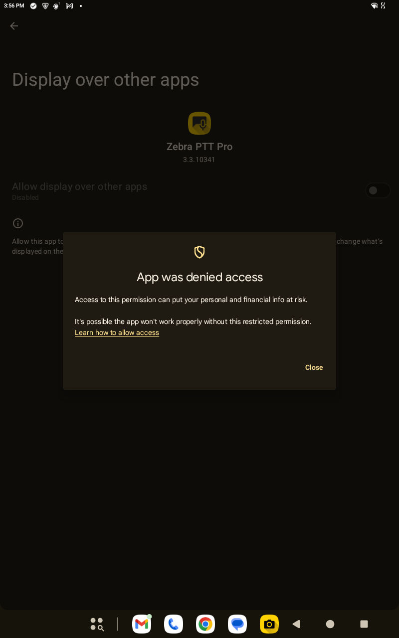 Display over other apps results in an error for sideloaded app in Android 15