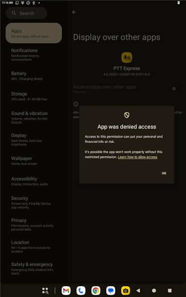Android 15 denices access to display over other apps.