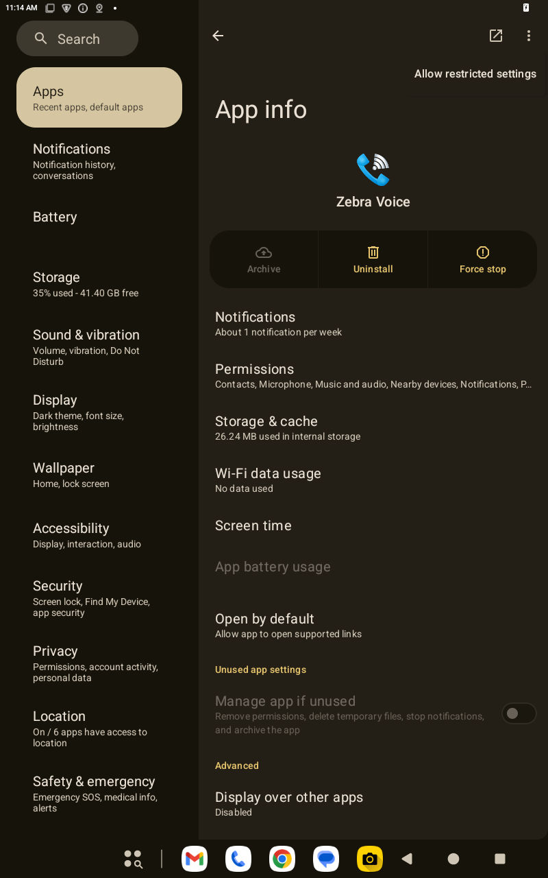 Navigate to the App info to enable restricted settings.