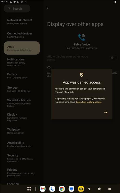 Enable Display over other apps after removing the restriction.