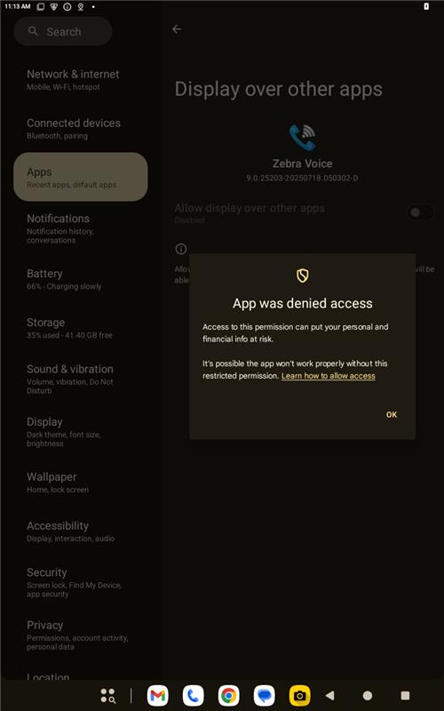 Enable Display over other apps after removing the restriction.
