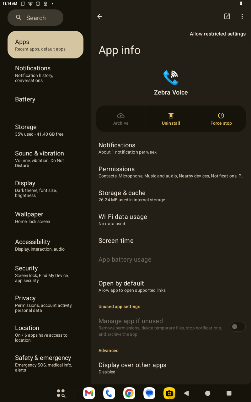 Navigate to the App info to enable restricted settings.
