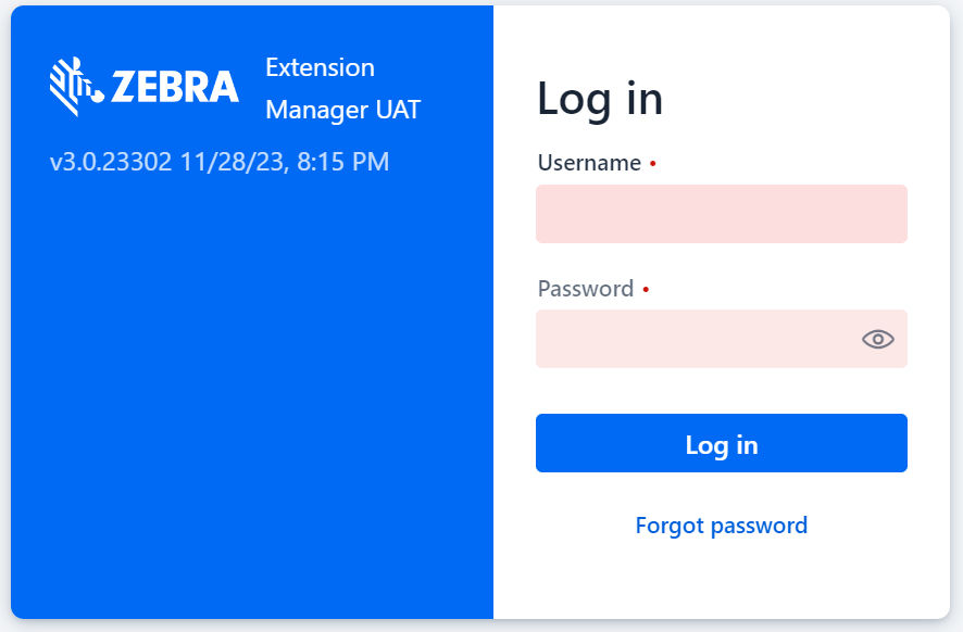 Extension Manager Login Screen