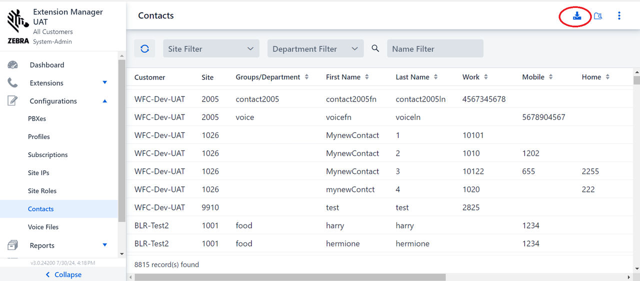Export Contact Screen