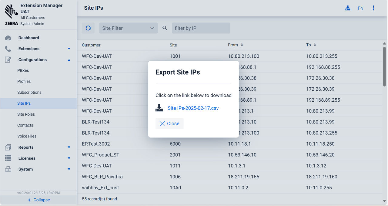 Site IPs Screen