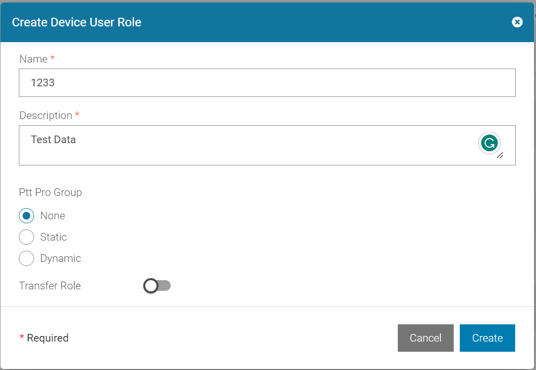 Create Device User Role Dialog Box