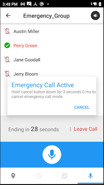 Emergency Call Active pop up with Leave Call option