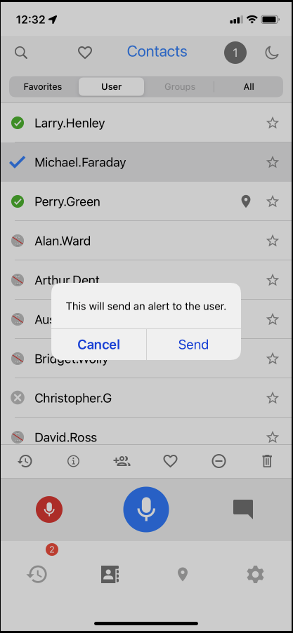 WFC PTT Pro pop-up message when placing an Alert Call.