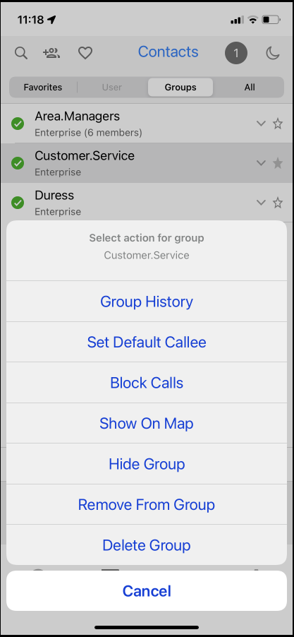 WFC PTT Pro group action menu.