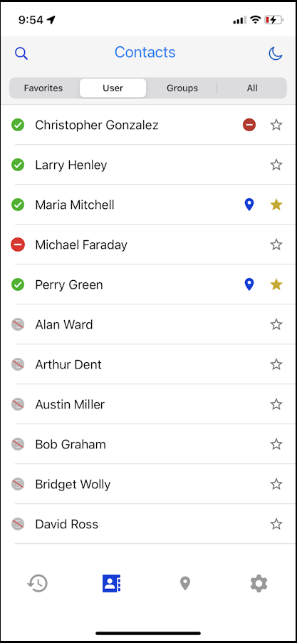 Contacts screen displays Favorites, User, and Groups and shows the presence states.
