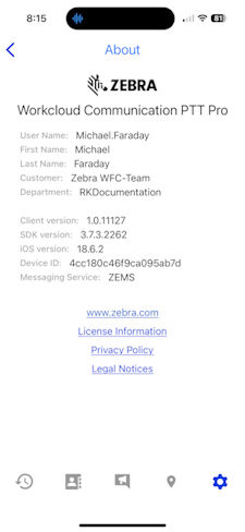 The About screen displays the user and client version.