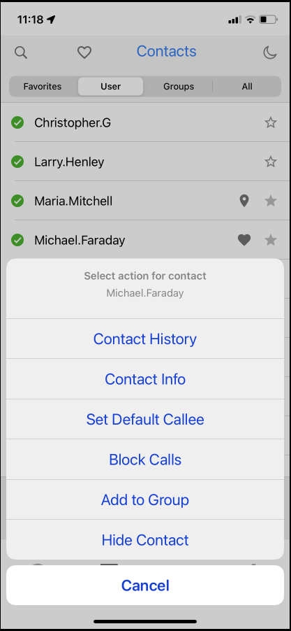 PTT Pro action menu for contacts.
